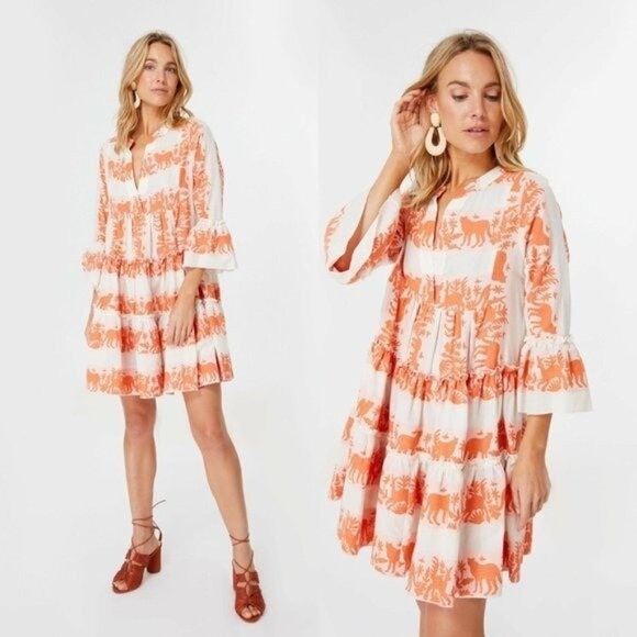 Tuckernuck NEW Kasia Ecru Clio Ruffle Mini Dress in Orange and Ivory Size XS